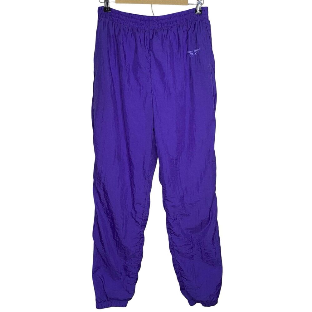 Vtg 90s Reebok Track Pants M Purple Windbreaker Ankle Zip Retro Nylon Jogger Y2K